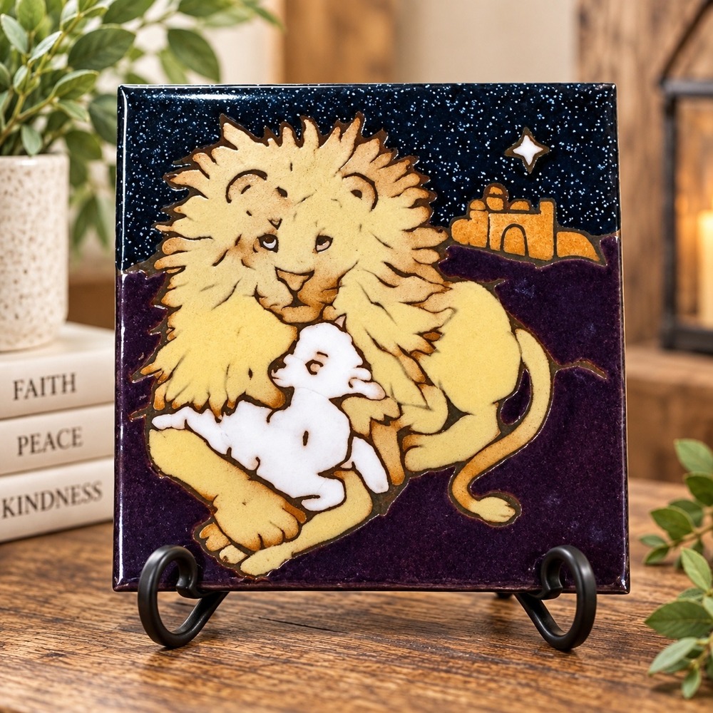Vintage MAG MOR Art Tile Lion & Lamb Santa Fe Hand Painted Southwest Religious